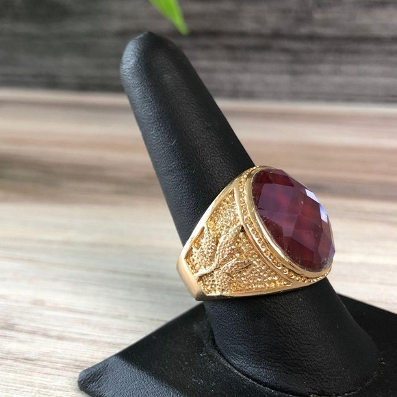 Gold Plated Mens Ring Size 10 Faceted Glass Caboch - Picture 3 of 10